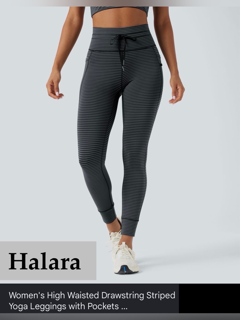 NWT Halara High Waisted Drawstring Steel Striped Yoga Leggings w Pockets 7/8, XS